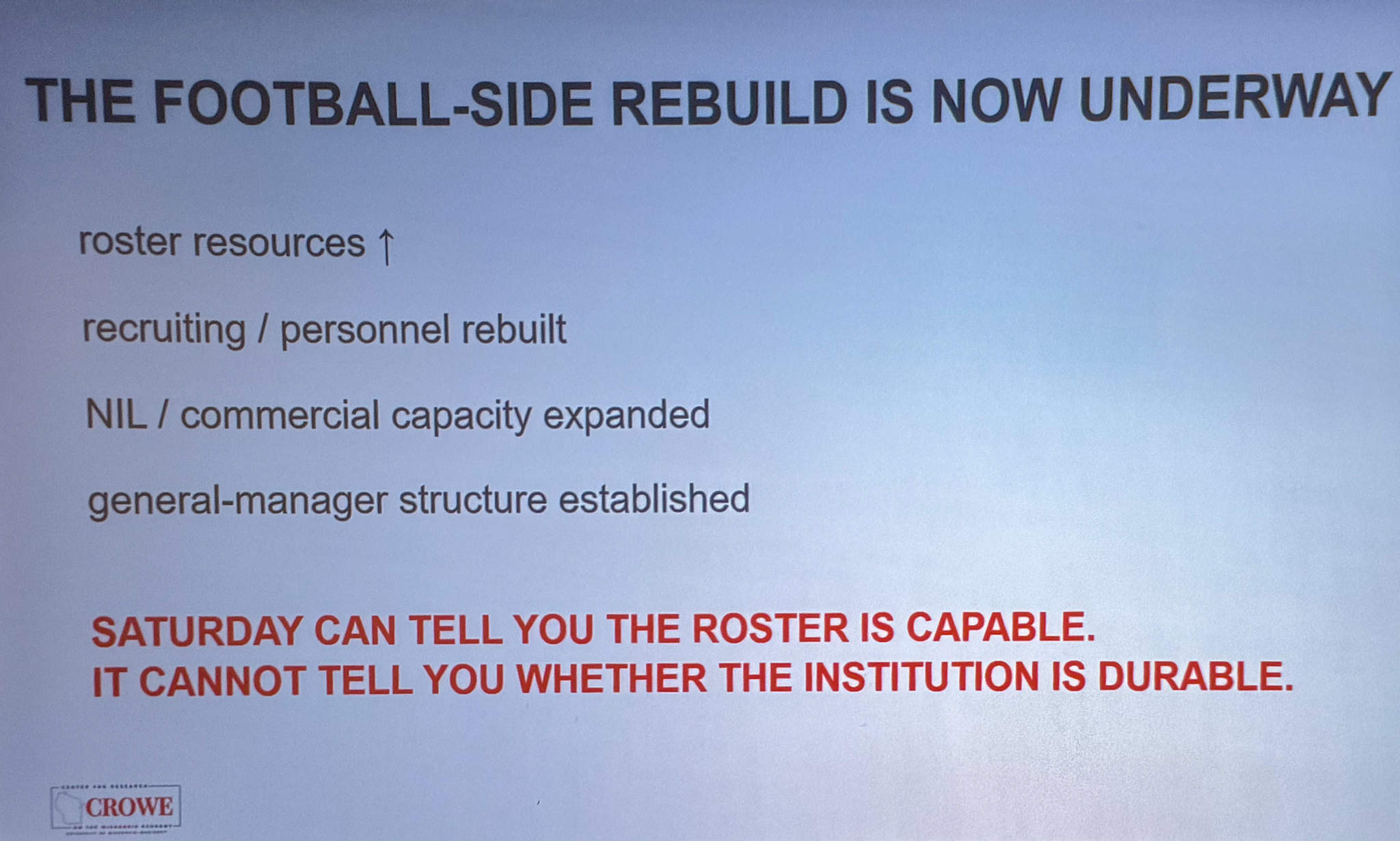 Slide photographed 43:00 into the talk