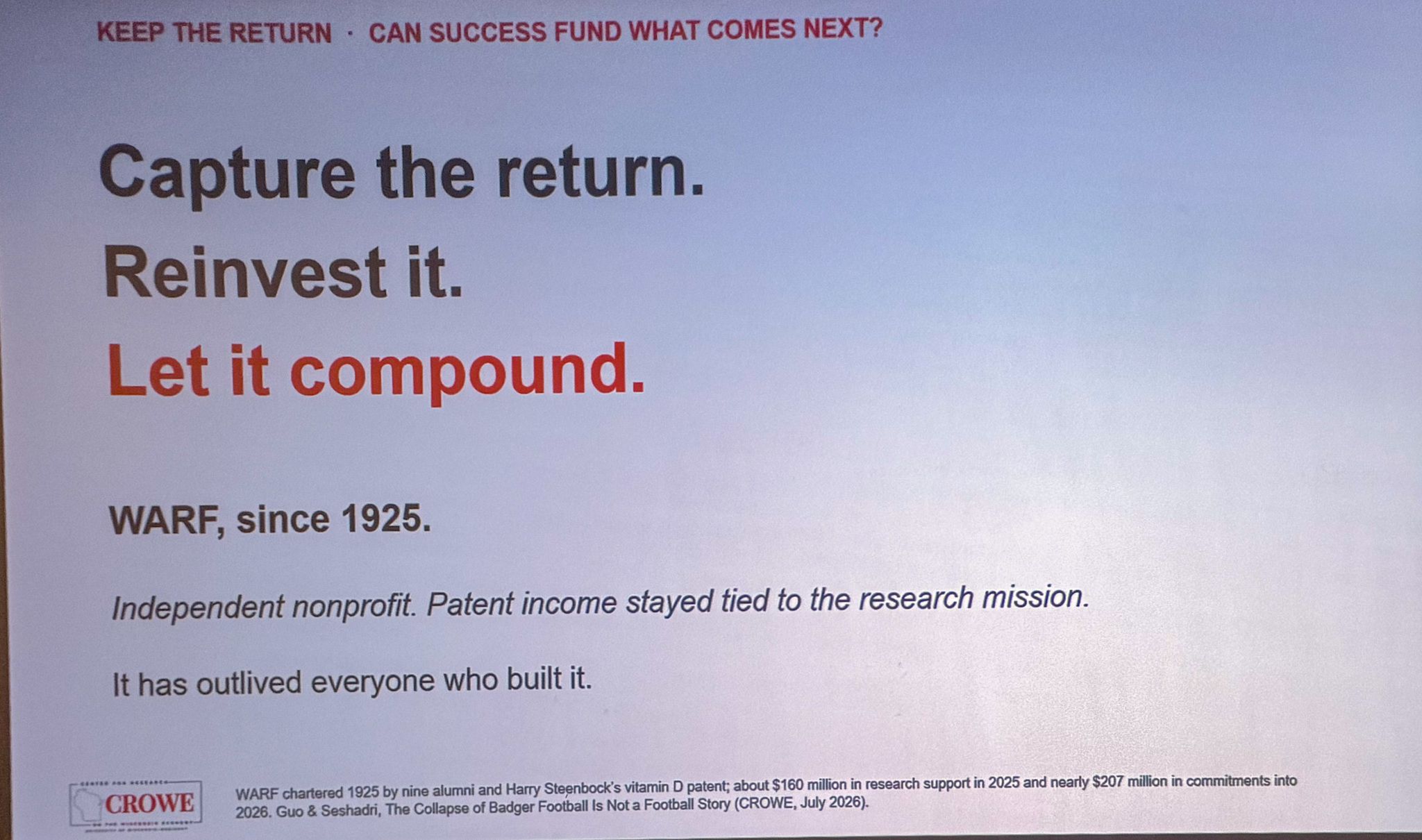 Slide photographed 46:00 into the talk